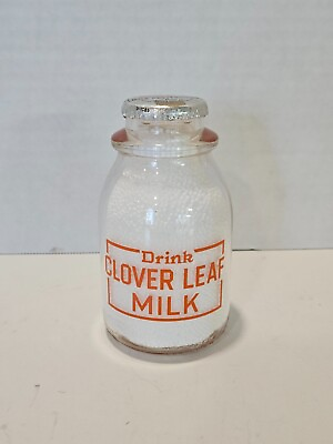 #ad Vtg Clover Leaf Dairy Half Pint Milk Bottle w Whitehouse Dairy Aluminum Cap