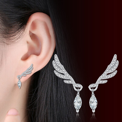 #ad 925 Sterling Silver Crystal Zircon Angel Wings Earrings Stud Womens Jewelry Gift