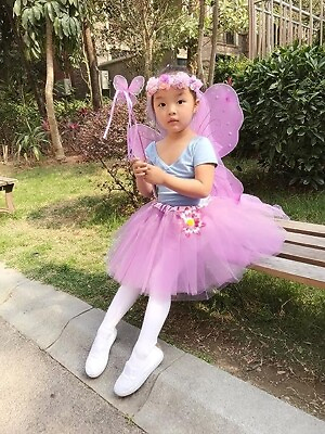 #ad 4Pcs Girls Princess Fairy Costume Set with Wings Tutu Wand and Floral Wreath