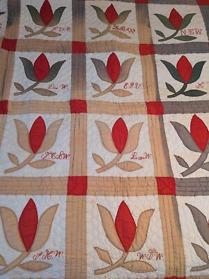 #ad Antique Applique American Presentation Quilt Tulips Embroidered Hand Sewn as is