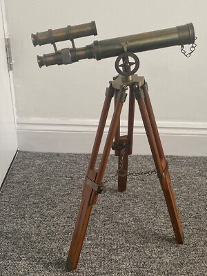 #ad Solid Brass Double Barrel Telescope With Wooden Tripod Nautical Spyglass Scope