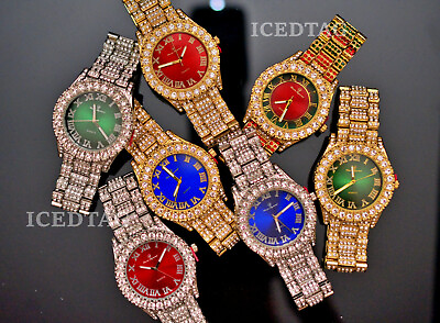 HIP HOP ICED GOLD SILVER PT TRENDY COLORFUL BLING LUXURY STYLISH MEN#x27;S WATCH $29.99