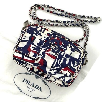 #ad PRADA Women#x27;s Chain Shoulder Bag Nylon White Red Blue Used Authentic Japan F S