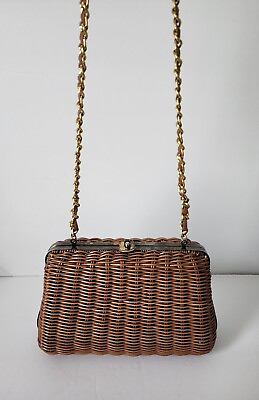 Vintage Tandem Faux Straw Bag Crossbody Purse Chain Strap Brown Gold Retro
