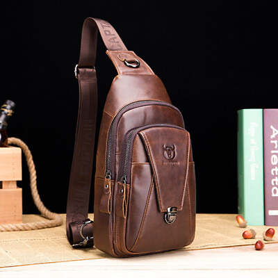#ad Men#x27;s Chest Bag Genuine Leather Sling Backpack Shoulder Bag Crossbody Travel NNN