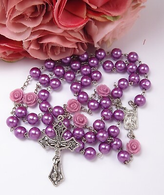 #ad Catholic Rosary Purple Glass Pearls Silver Tone Accents and Crucifix