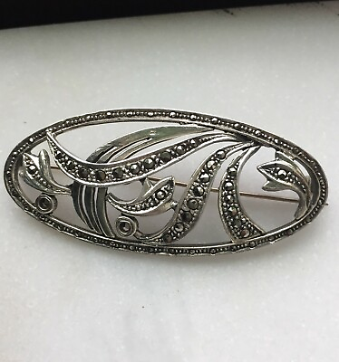 #ad Large Oval Art Deco Sterling and Marcasite Floriform Brooch 3”x1”