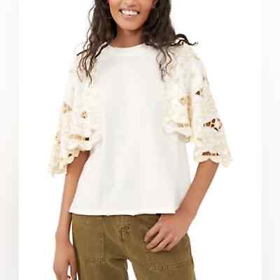 #ad NWT Free People Lace Flare Sleeve Top White Embroidered Trimmed Sleeves S $148