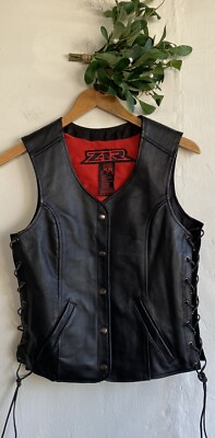 #ad Z1R Colt Womens Soft Leather Vest Black X Small Tie Sides Pockets Snap Button