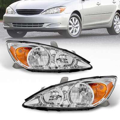 #ad Pair Chrome Headlights Headlamp w Amber Reflector For 2002 2004 Toyota Camry