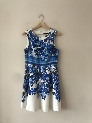 #ad Karen Millen White w Blue Floral Sleeveless Cotton Dress Size 12. Wedding.