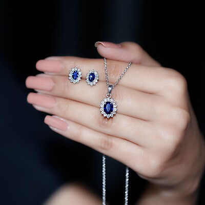 #ad Princess Diana Inspired Created Sapphire Jewelry Set in Silver