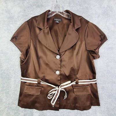 #ad Perceptions NY Womens Jacket Sz 18 Brown Satin Single Breast Ribbon Belt Buttons