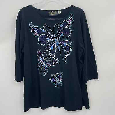#ad BOB MACKIE Womens Butterfly Sequin Shirt Size L 3 4 Sleeve Cotton Stretch Top