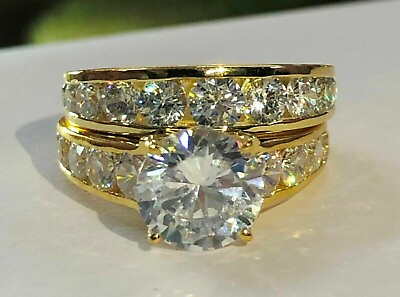 #ad 4Ct Round Real Moissanite Bridal Engagement Ring Set In 14K Yellow Gold Plated
