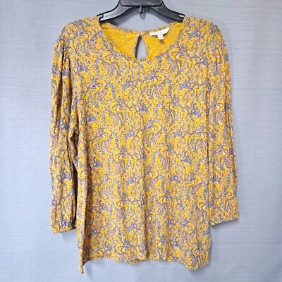 #ad Lucky Brand Long Sleeve Pullover Blouse Shirt Keyhole Back Yellow Patterned Sz L