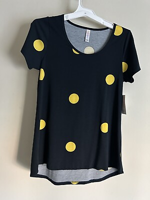 #ad LuLaRoe TEE T Shirt Short Sleeve Black With Yellow Big Polka Dot XS