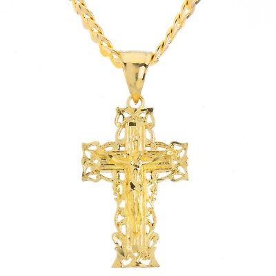 #ad Hip Hop Cross Jesus Pendant Solid Gold Plated 20quot; Cuban Chain Necklace MPG 107 G