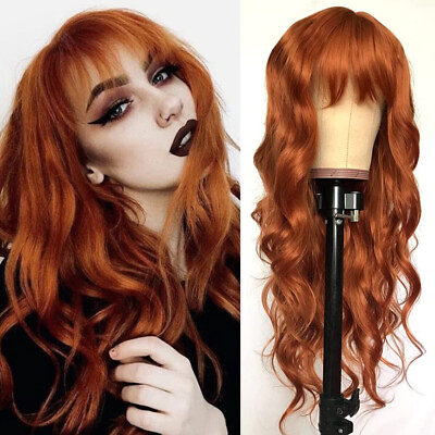 #ad Orange Full Bangs Long Body Wavy Hair Wig Heat Resistant Synthetic No Lace Wigs