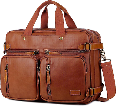 #ad Men Leather Briefcase Backpack Hybrid 17 Inch Laptop Bag Case Business Brown