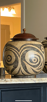 #ad Vintage Theodore Alexander Tribal Ceramic Vase w Wood Lid