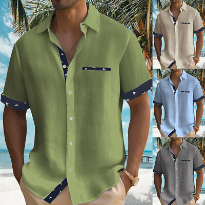 #ad Mens Short Sleeve Color Block Dress Shirt Casual Button Down Pocket Lapel Tops
