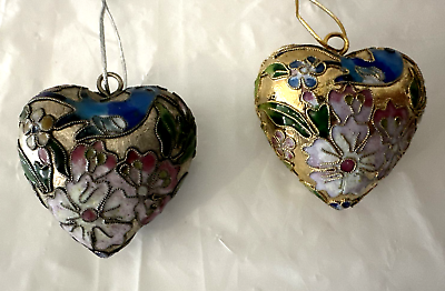 #ad Set of 2 Vintage Metal Heart Cloisonne Bluebird Flower Ornaments Gold and Silver