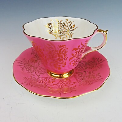 #ad Queen Anne Bone China Cup amp; Saucer Pink Ground Gold Gilt Wheat Flute Shape