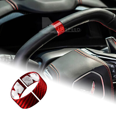 #ad REAL HARD Carbon Fiber Red Steering Wheel Trim Ring Cover For Corvette C8 20 23