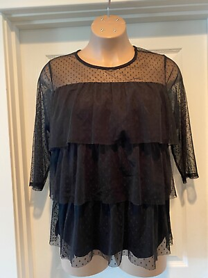 #ad LANE BRYANT BLACK SHEER DOT OVERLAY IN LAYERS LONG SLEEVE TOP 18 20