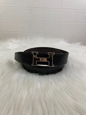 #ad Hermes H Logo Black Leather Brown Leather Silver Buckle Belt 85 Authen