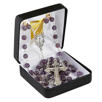 #ad Purple Amethyst Gemstone 6mm Bead Rosary Gift Boxed Italian Made Catholic