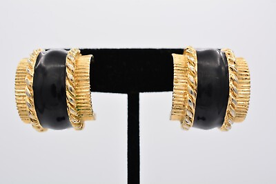 #ad St. John Vintage Clip Earrings Hoops CHunky Black Enamel Gold Tone Signed Bin4